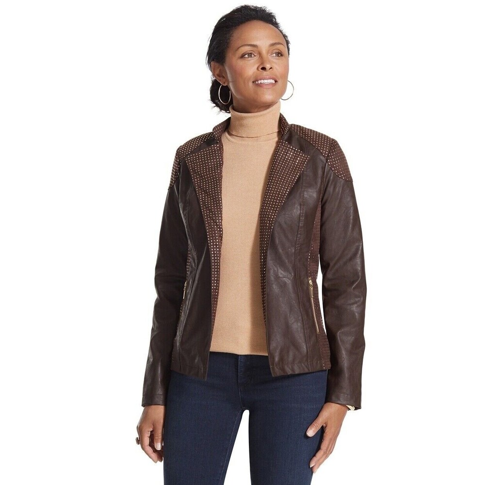 Chico's Chocolate Brown Open Front Faux Leather Lined Jacket Gold Studded Size 1